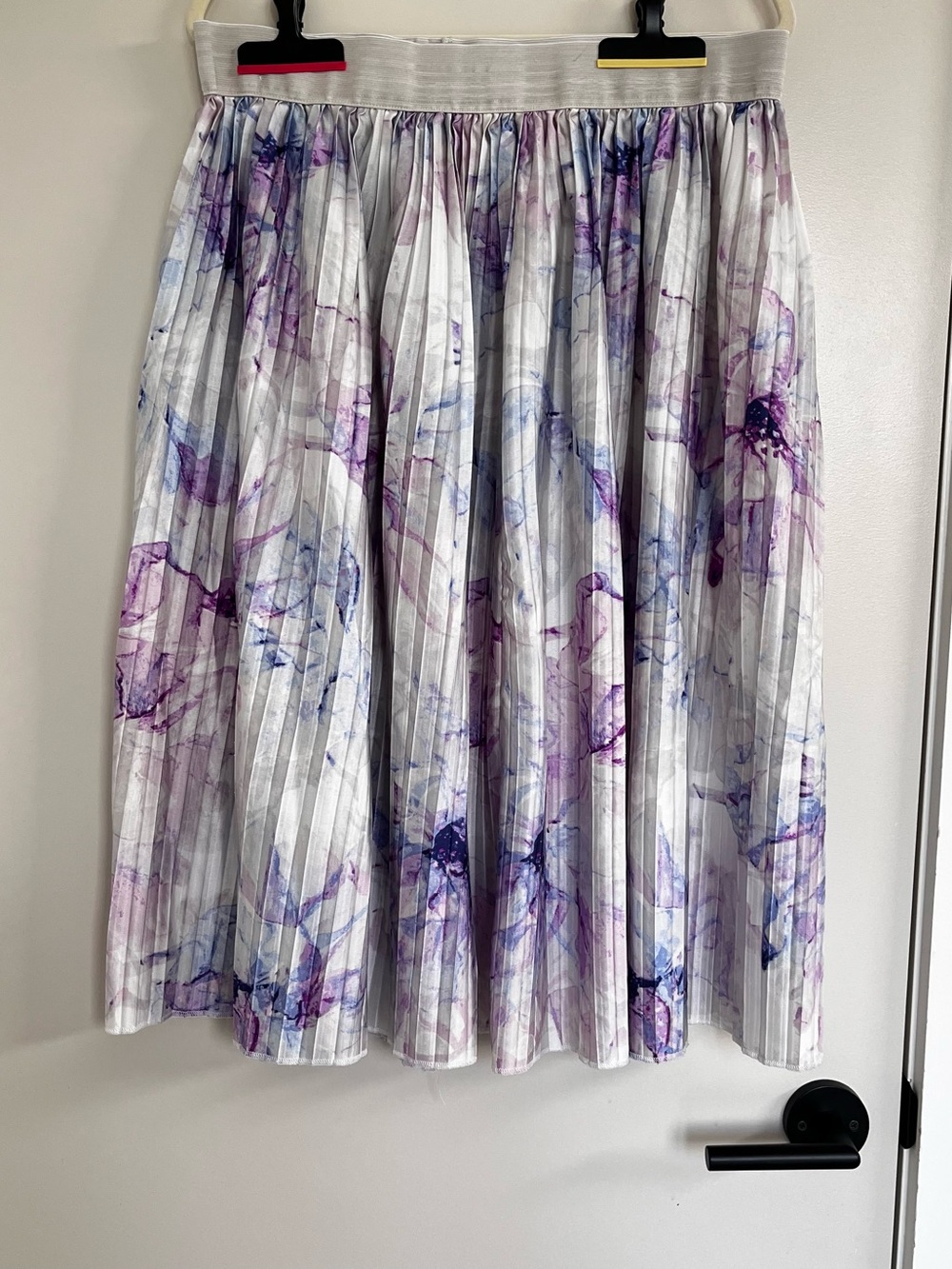 Pleated Floral Midi Skirt in white and purple watercolor